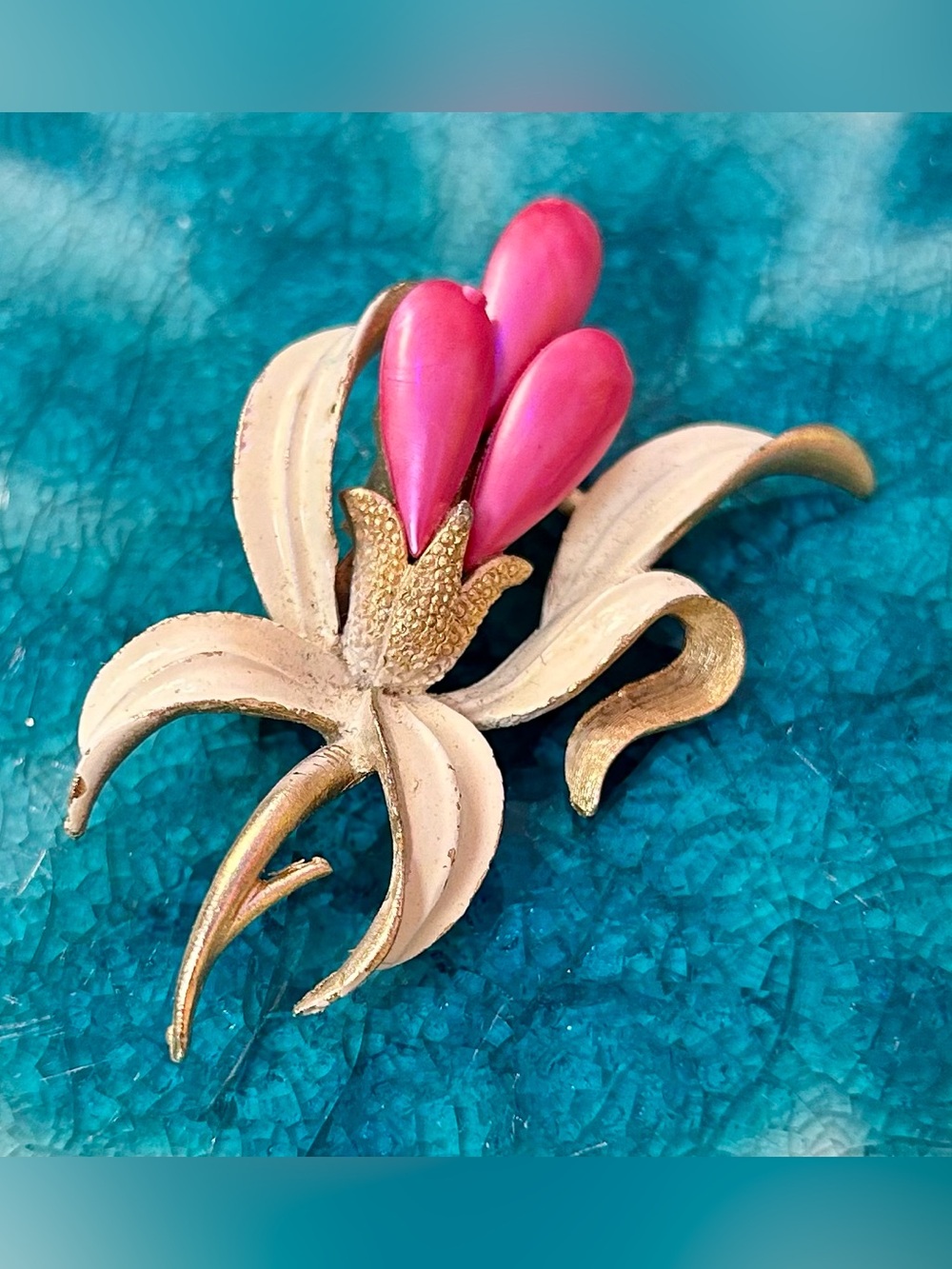 Vintage Mamselle Cream and Pink Enamel Orchid Flower Brooch